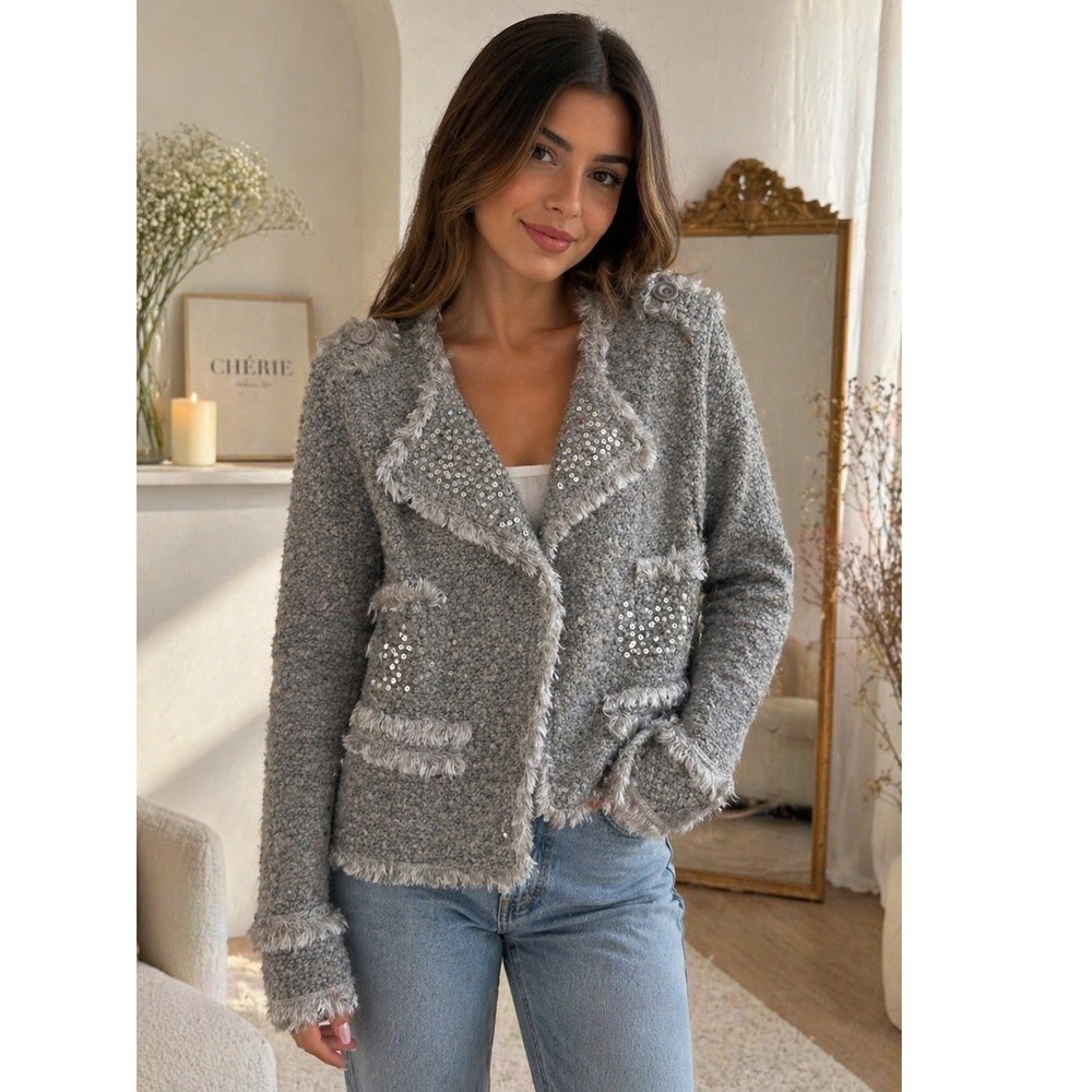 Monoreno‎ Grey Boucle Tweed Sequin Fringe Jacket M7572E Womens Medium Grey
